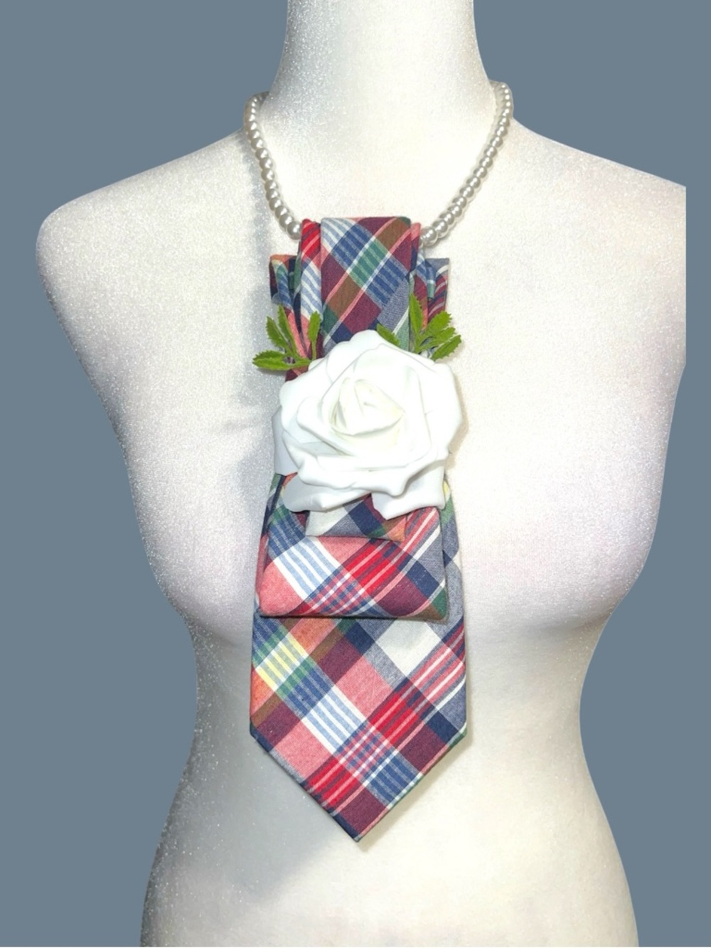 Plaid Statement necktie Necklace with White Rose Accent